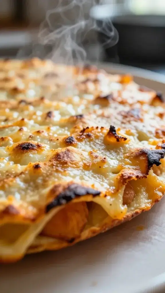 Close-up detail: Close-up of a crispy cheese crust on a sweet potato quesadilla edge, golden-brown char, steam rising, shallow depth of field, warm natural kitchen light.
