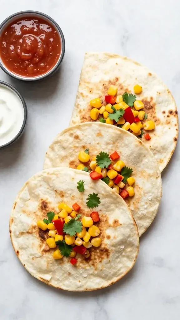 Overhead/top-down: Overhead shot of a quesadilla half-moon arrangement on a marble surface, colorful toppings (corn, red pepper, cilantro) visible, small bowls of salsa and yogurt dip in frame.