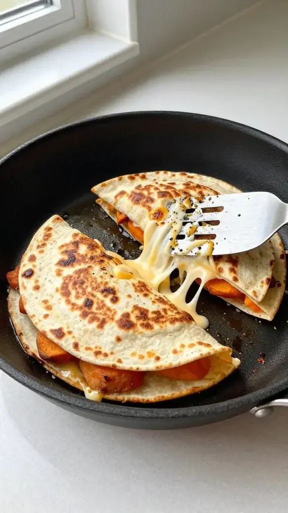 Cooking process: Sizzling sweet potato quesadilla being assembled in a skillet, spatula flipping a tortilla, cheese pulling, golden edges forming, soft window light and uncluttered counter.