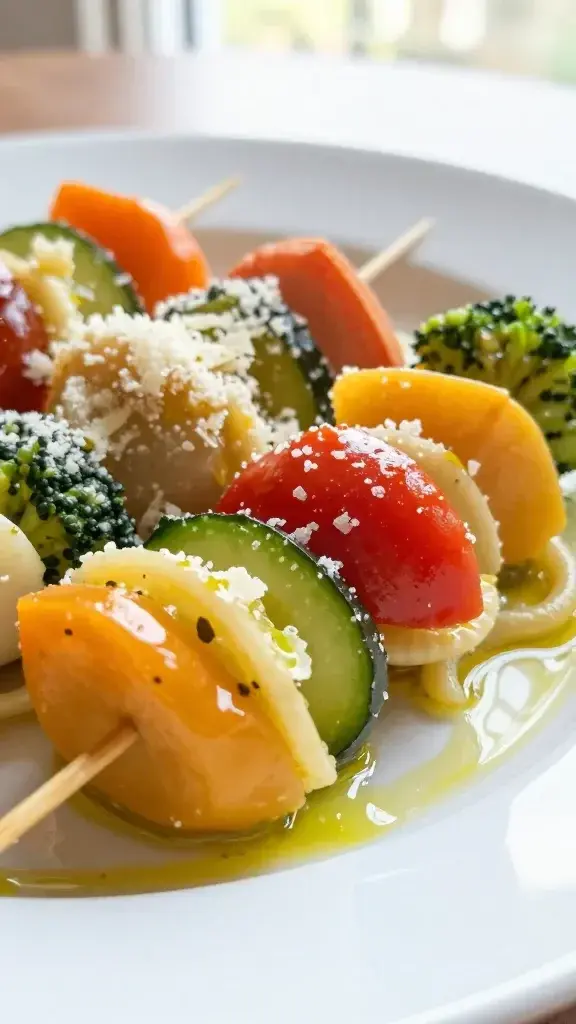 Close-up detail of a cooked pasta skewer assembled with colorful veggies, glistening olive oil, and a light sprinkle of parmesan, shallow depth of field, bright window light, clean white plate