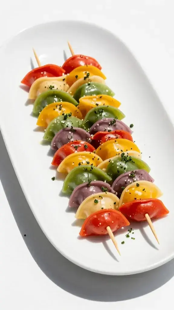 Final plated dish: a set of rainbow Pasta Skewers arranged on a long white platter, herbs scattered, vibrant colors popping, modern minimal styling, natural daylight