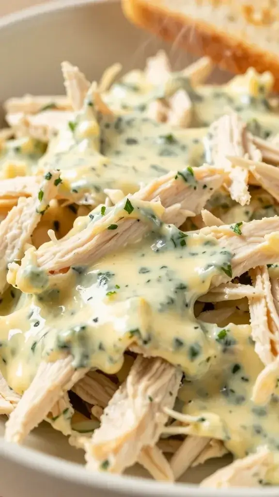 Close-up detail of shredded chicken salad folded into mayo-yolked texture with bright herbs, creamy but chunky, slight steam and golden toasted bread edge in the background