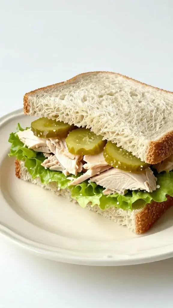 Final plated dish: Chicken salad sandwich on rustic white bread with crisp lettuce, pale cornichon pickle slices, served on a cream plate with soft natural light