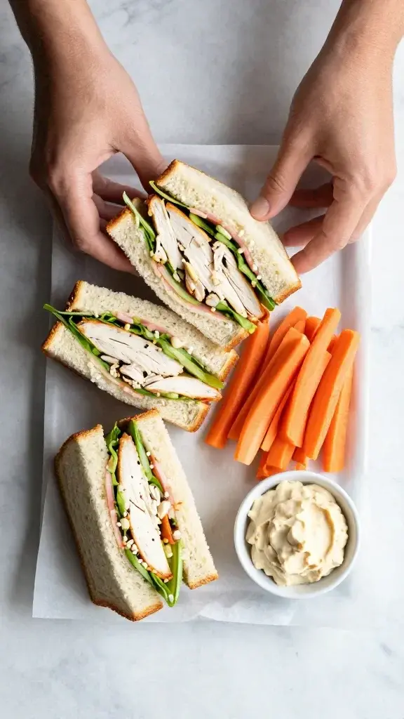 Overhead/top-down shot: Assemble a picnic platter featuring chicken salad sandwiches, carrot sticks, and a small bowl of spread, on a marble surface with parchment