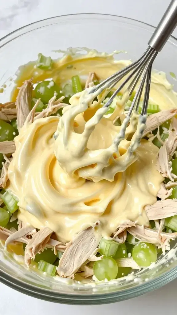 Cooking process shot: Scooping creamy chicken salad from a bowl, whisking mayonnaise and mustard until glossy, with chopped celery and grapes visible, bright kitchen light