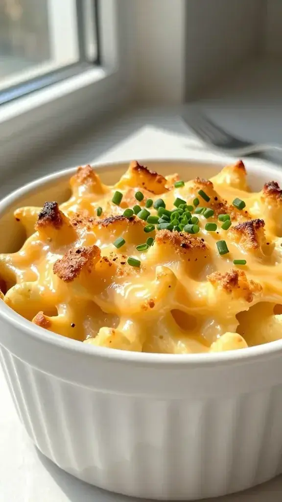 Beautifully plated Mac and Cheese Muffins for Kids in a white ramekin with a crispy golden top, a sprinkle of chives, and a sunny window light, close-up detail of melted cheese