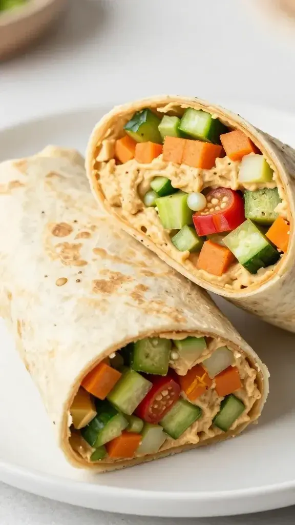 Close-up detail of a veggie hummus wrap being sliced to reveal vibrant fillings, creamy hummus, and crisp veggies, shallow depth of field, soft natural light, clean white plate.