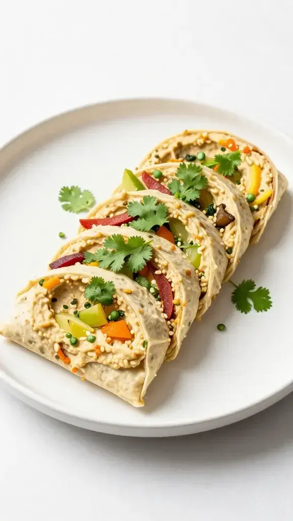 Final plated dish: colorful veggie hummus wrap diagonally sliced and fanned on a white ceramic plate with fresh cilantro garnish, bright natural light, minimal background.
