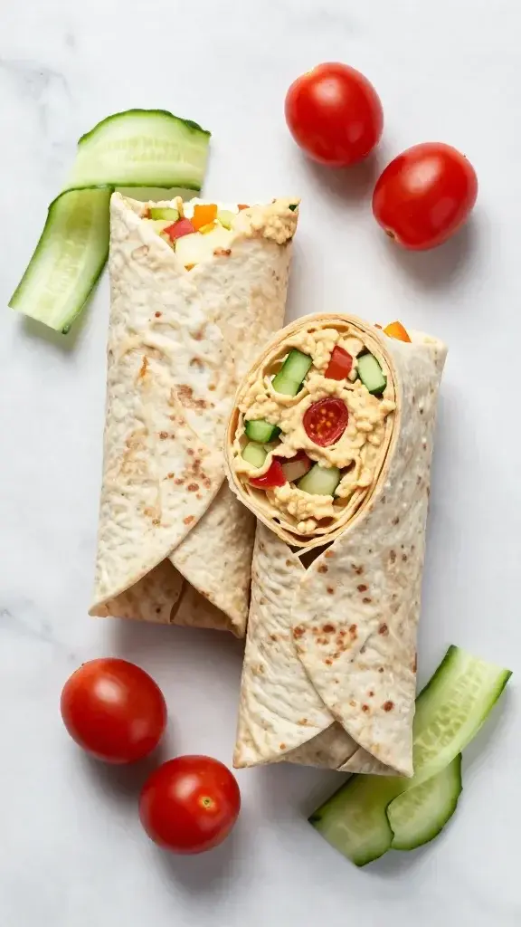 Overhead/top-down shot: assembled veggie hummus wraps on a marble surface, cut into halves, with scattered cucumber ribbons and cherry tomatoes for color pop.