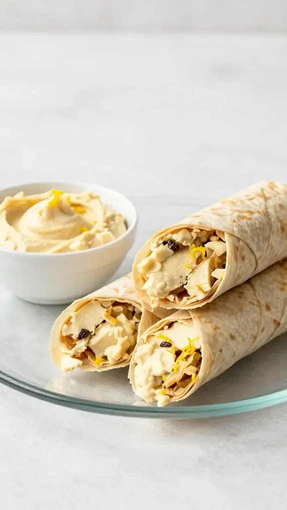Serving moment: wrap halves arranged on a clear glass board with a small bowl of extra hummus on the side, garnished with lemon zest, soft daylight, clean backdrop.