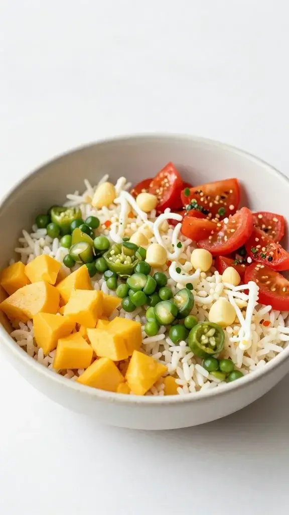 Final plated dish: Beautifully styled taco rice bowls for kids with vibrant toppings, neatly layered on a shallow ceramic bowl, bright natural light, clean white background, kid-friendly colors and garnishes.