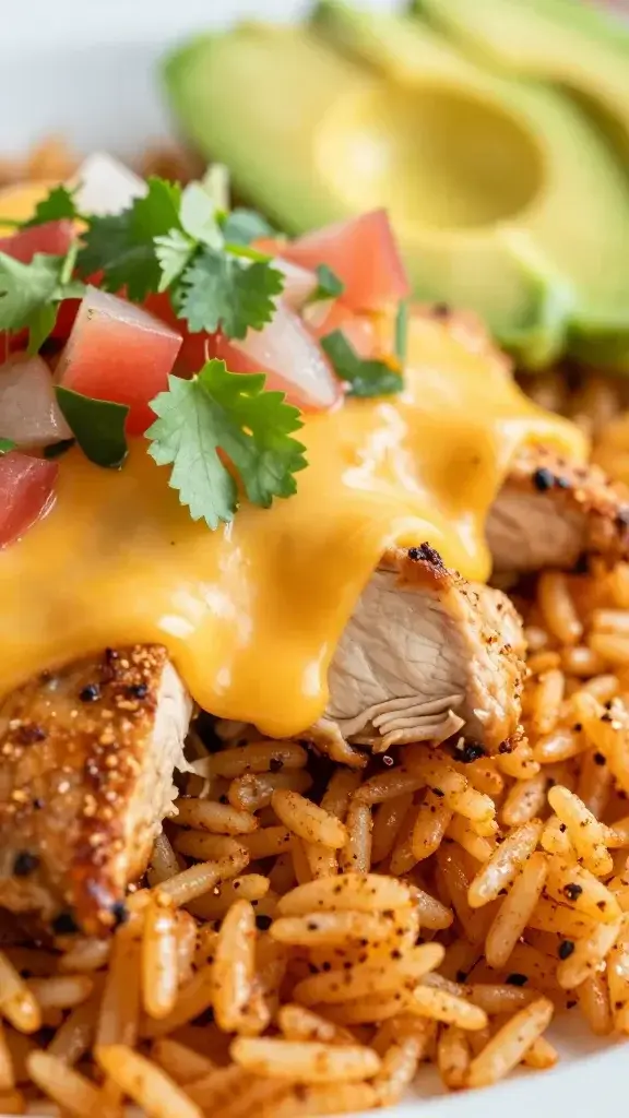 Close-up detail: Crisp taco-seasoned rice with juicy chicken, melted cheese, and pico de gallo; macro shot showing textures, creamy avocado, and fresh cilantro, shallow depth of field.