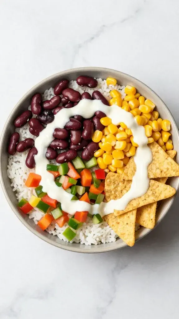 Overhead/top-down shot: Complete bowl composition from above—rice base, beans, corn, diced veggies, tortilla strips, and a drizzle of creamy sauce, marble surface, vibrant color contrast.