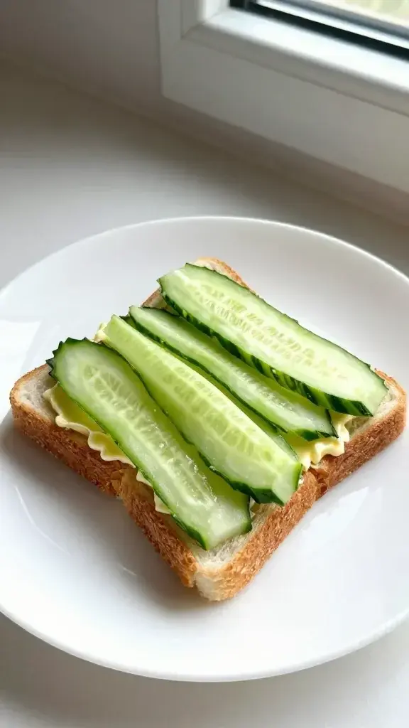 Final plated dish: A bright cucumber sandwich on a white ceramic plate, crisp cucumber ribbons peeking out, light lemon butter spread visible at the edges, minimal garnish, natural window light