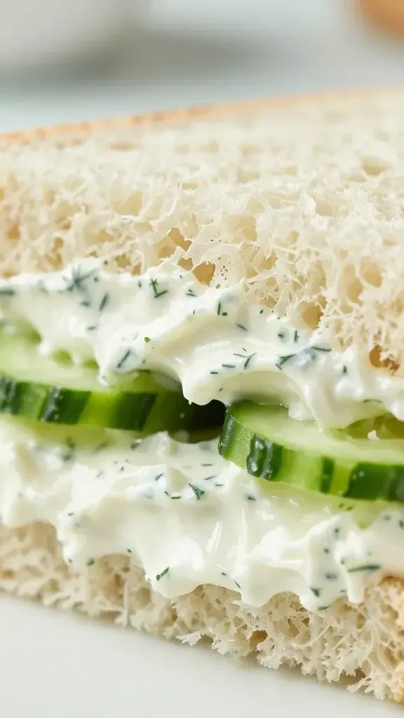 Close-up texture/detail shot: Cross-section of a cucumber sandwich showing creamy dill spread, fluffy bread edges, and thin cucumber slices, shallow depth of field, soft natural light