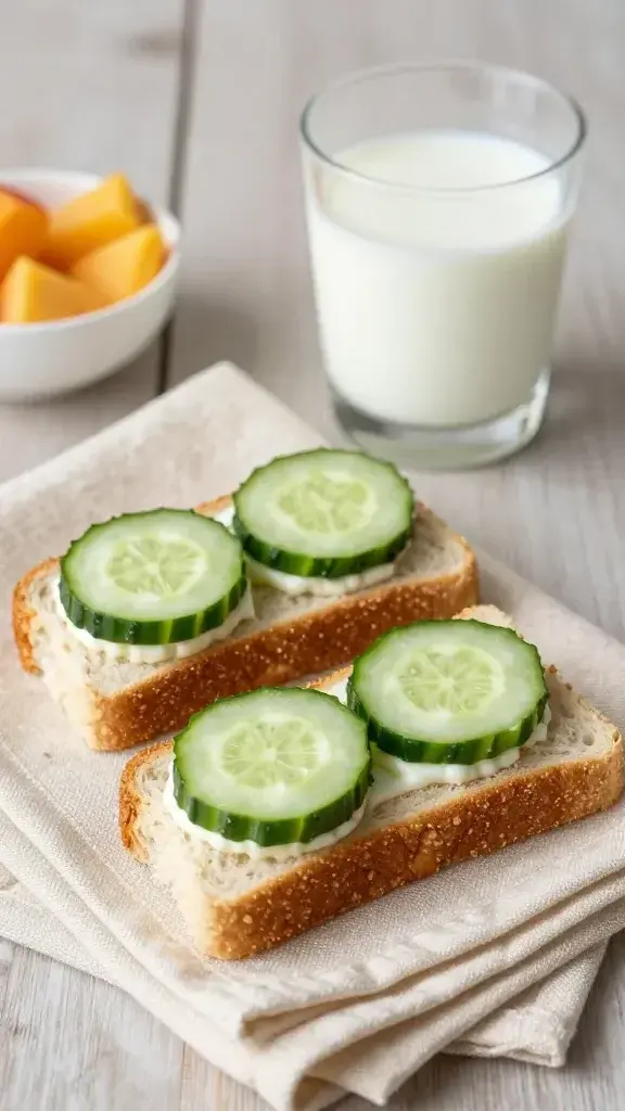 Serving moment: Two cucumber finger sandwiches on a cream linen napkin with a glass of milk and a small bowl of fruit, inviting bite-ready composition, natural daylight