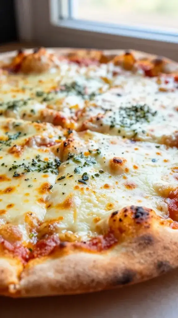Close-up detail of mini pita pizzas sizzling with melted cheese and crisp golden edges, herbs sprinkled on top, shallow depth of field, warm natural window light