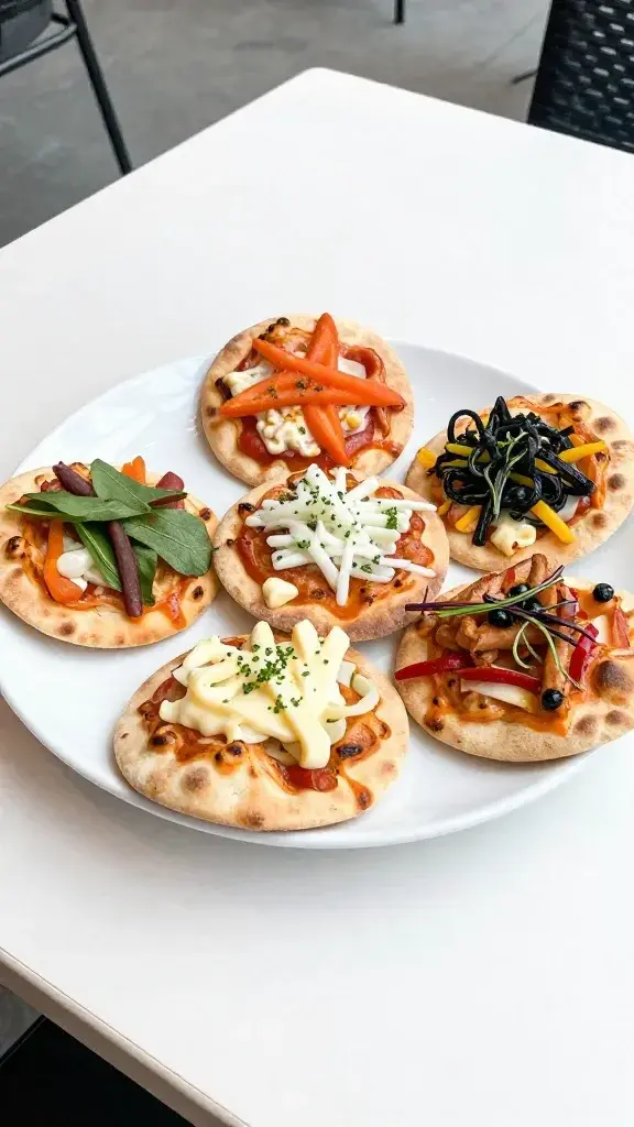 Beautifully plated mini pita pizzas on a white plate with a vibrant assortment of toppings visible, bright daylight, clean modern table setting, minimal garnish