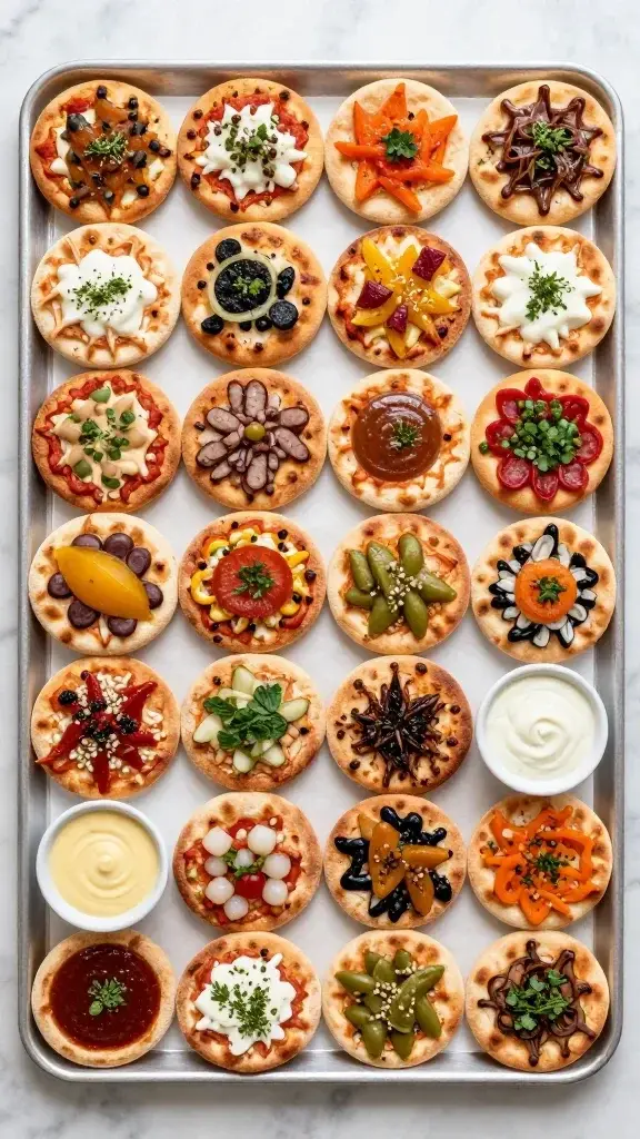 Overhead/top-down view of a tray of mini pita pizzas arranged in neat rows, complete with colorful toppings and tiny bowls of dipping sauces, marble surface