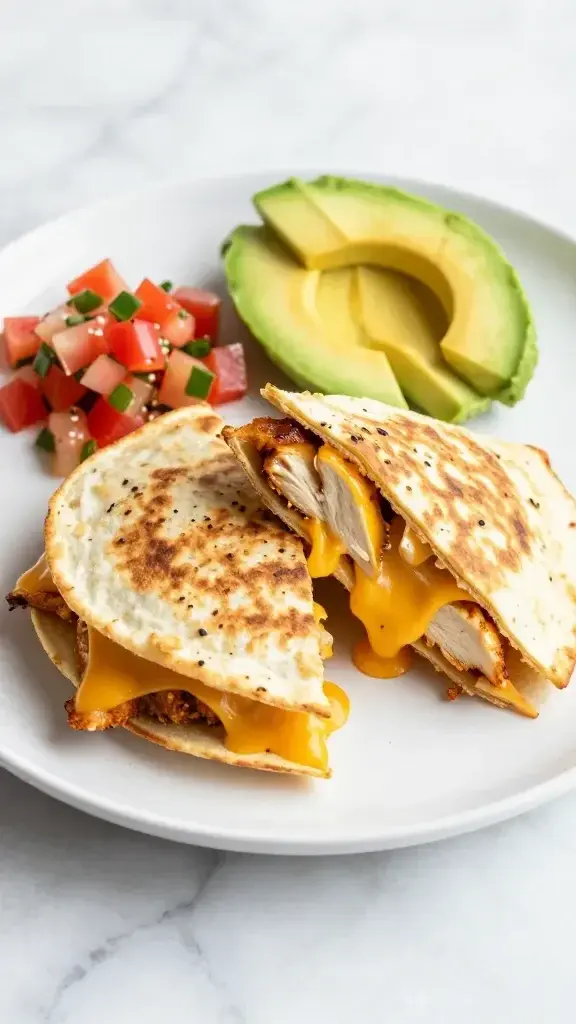 Beautifully plated chicken quesadillas cut in half on a white plate, melted cheese oozing, avocado wedges and pico de gallo garnish, bright natural light, clean marble surface