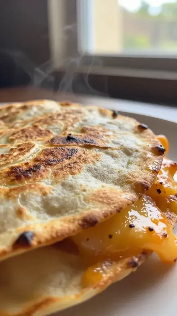 Close-up detail of a crispy quesadilla edge with golden crust and sizzling cheese pull, shallow depth of field, warm window light, subtle steam