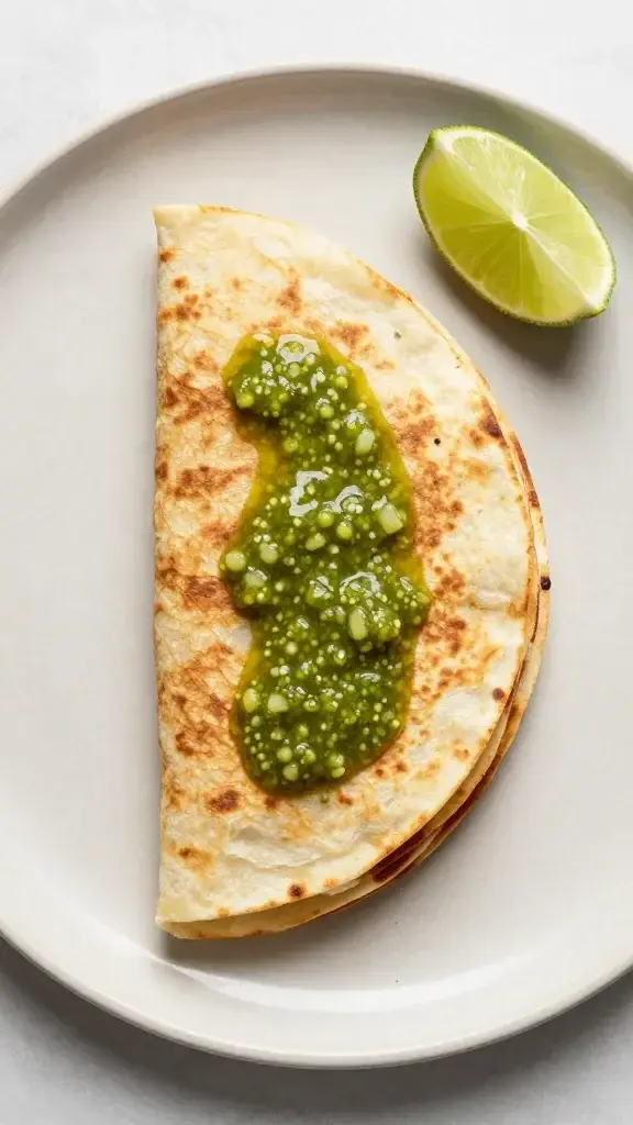 Overhead top-down shot of a stacked quesadilla half-oval on a neutral ceramic board, drizzle of salsa verde, lime wedges, minimal clutter