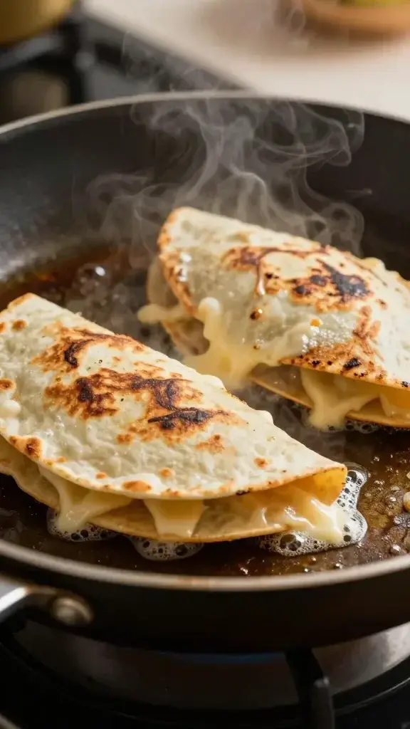 Cooking process shot of quesadillas being grilled in a lightly oiled skillet, small bubbles of cheese forming, steam softly rising, warm kitchen lighting