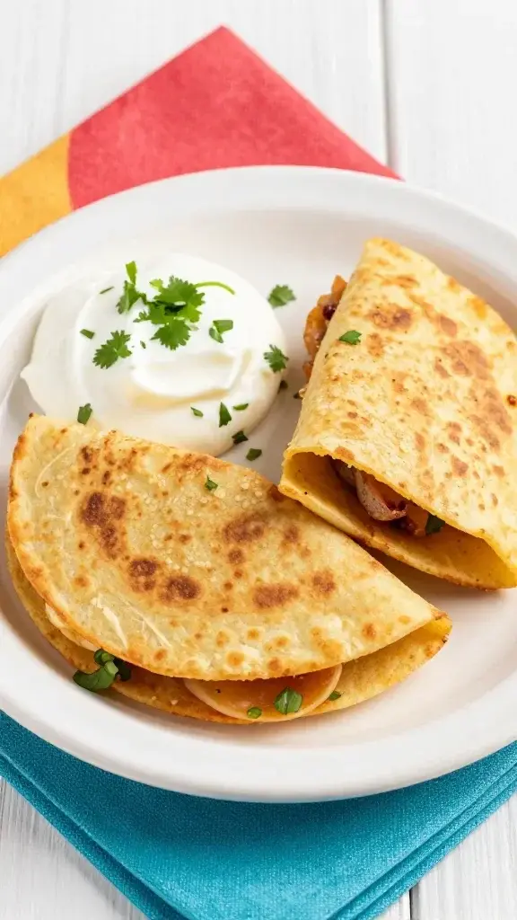 Serving moment showing a kid-friendly plate with two quesadilla halves, a dollop of sour cream, and a sprinkle of chopped cilantro, pastel napkin backdrop, inviting texture highlight