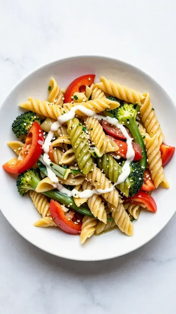 Final plated dish: Beautifully plated Rainbow Pasta Salad for Kids in a white bowl on a light marble surface, vibrant pasta colors, fresh vegetables, and a touch of dressing drizzle, bright natural light