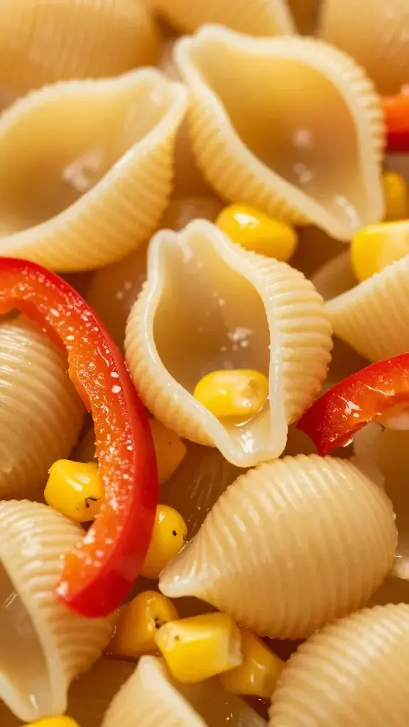 Close-up texture/detail shot: Close-up of glossy pasta shells with crisp bell pepper ribbons and corn kernels, catching light to highlight color and texture, shallow depth of field