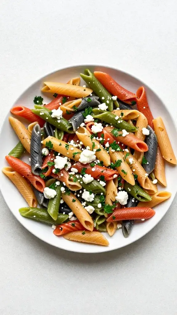 Overhead/top-down shot: Overhead view of a colorful Rainbow Pasta Salad spread in a large platter, garnished with chopped parsley and feta crumbles, clean kitchen counter backdrop