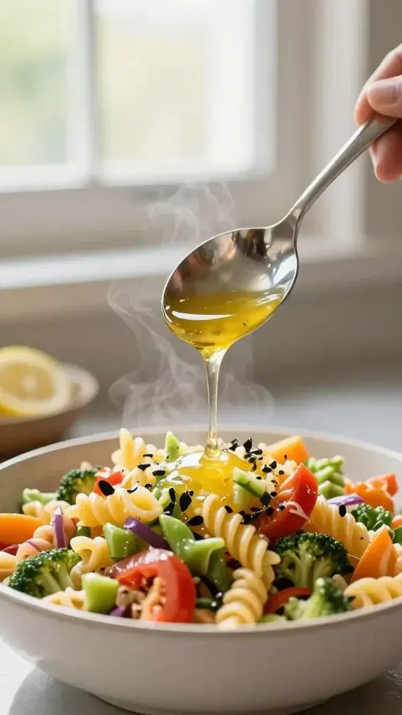Cooking process shot: Rainbow Pasta Salad being assembled, spoon drizzling lemon vinaigrette over the mixed pasta and veggies, steam faintly rising, natural window light