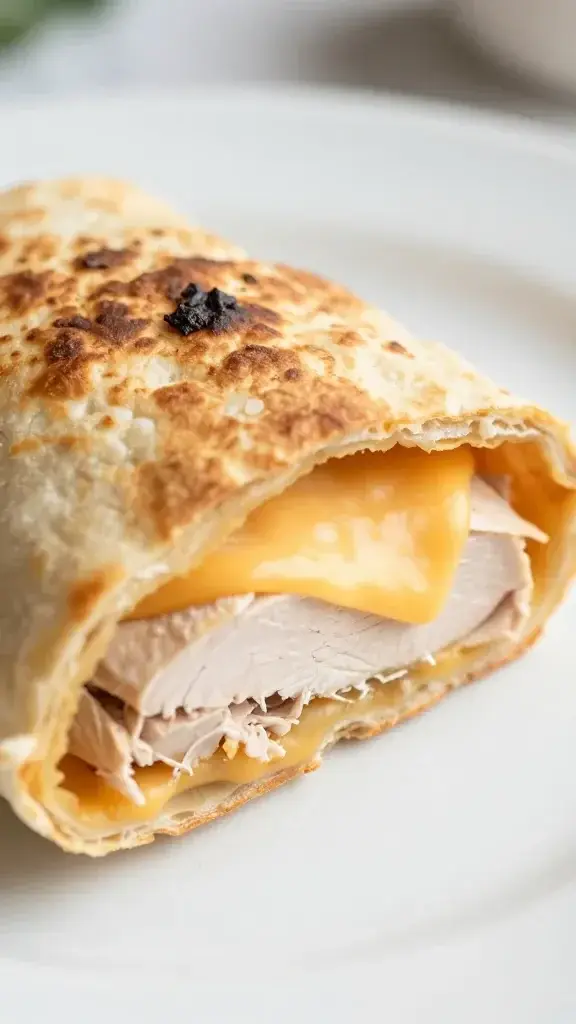 Close-up detail of a turkey and cheese pinwheel slice revealing melted cheese and tender turkey, crisp tortilla edges, shallow depth of field, soft natural light, clean white plate garnish