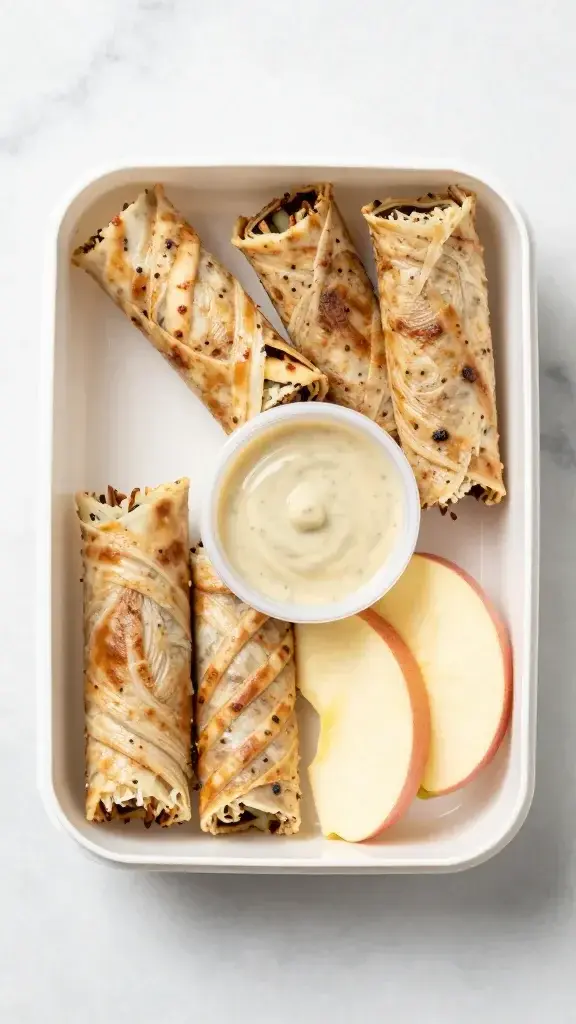 Overhead/top-down shot of a lunchbox spread with several pinwheels, a small cup of dipping sauce, and apple slices on a marble surface, uncluttered and appetizing