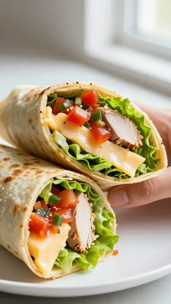 Close-up detail: juicy hand-held turkey and cheese wrap halves with crisp lettuce and bright salsa, golden tortilla edges, shallow depth of field, soft window light, clean white plate, minimal background