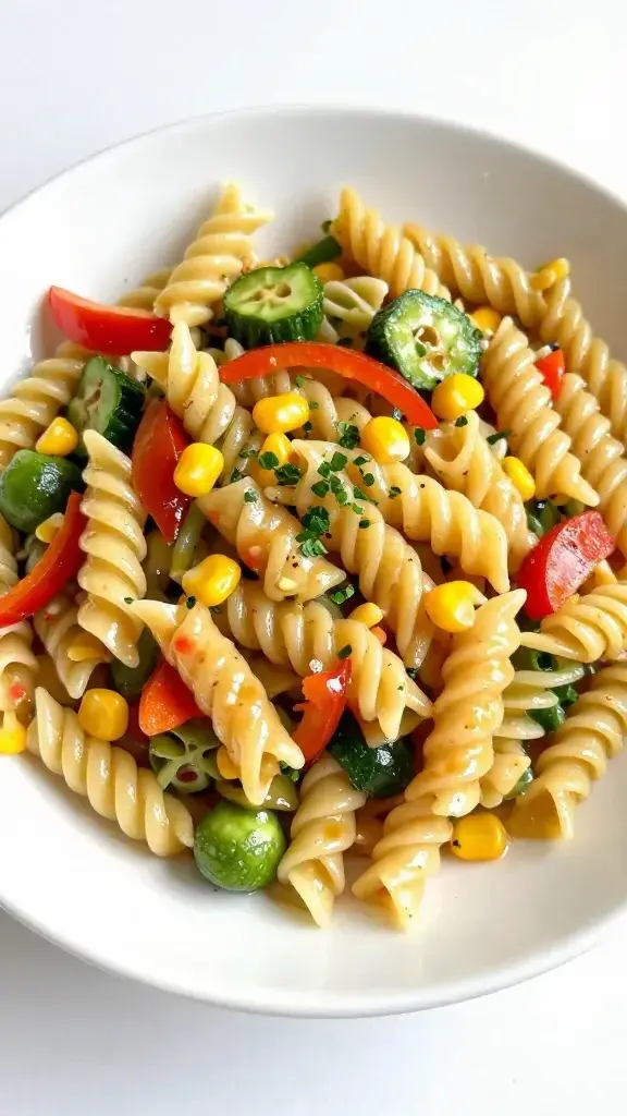Final plated dish: kid-friendly rainbow pasta salad in a white bowl, colorful veggies and corn, glossy dressing glaze, bright natural light, fresh herb garnish