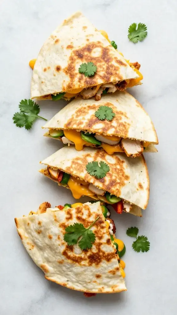 Overhead/top-down shot: assembled veggie-packed chicken quesadillas on a marble surface, sliced into wedges, melted cheese visible, scattered cilantro leaves for color