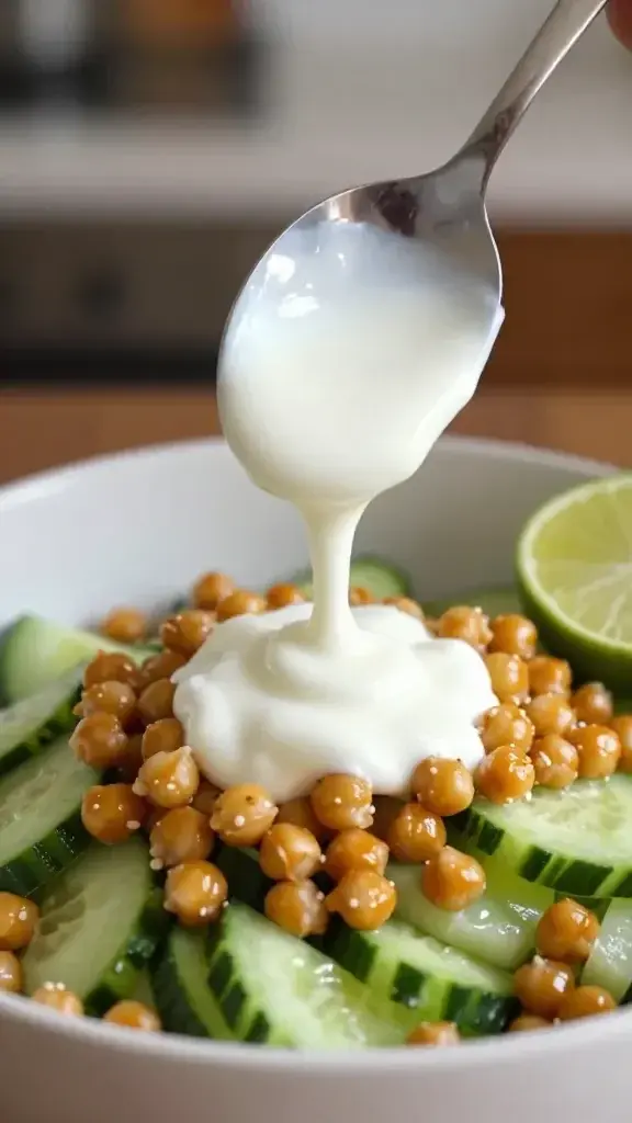 Cooking process shot: spooning creamy yogurt-lime sauce over cucumber-tilled crunchy chickpea salad, drizzle of sauce, action of saucy texture, warm kitchen light