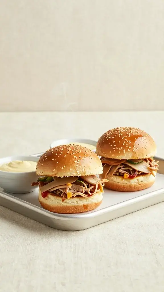 Serving moment: two mini turkey sliders on a tray with small bowls of dipping sauce, sesame bun sheen, steam rising slightly, clean cream linen background