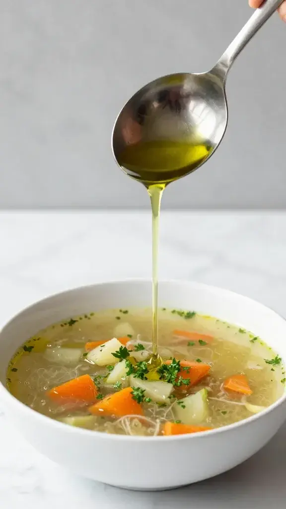 Serving moment: Pouring a ladle of finished soup into a shallow white bowl, a drizzle of olive oil and a sprinkle of parsley, clean marble surface and natural daylight.