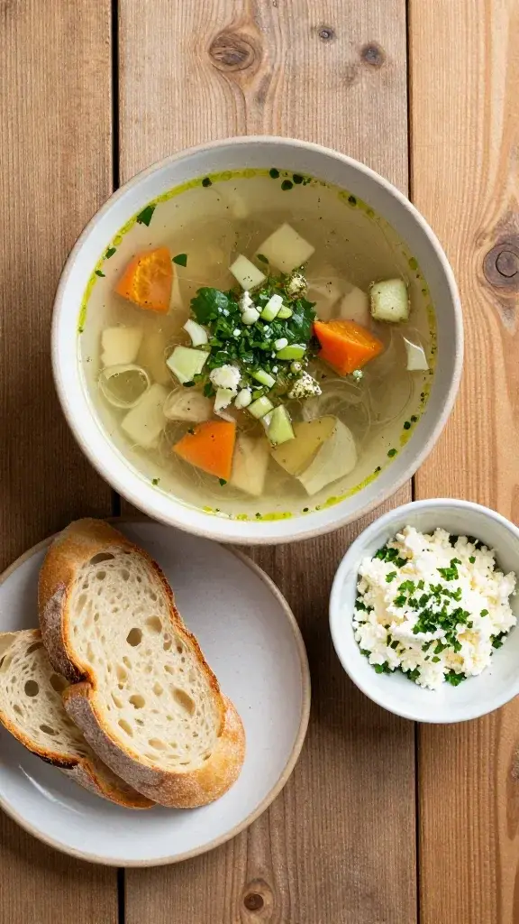 Overhead/top-down shot: Flat lay of a rustic wooden table with a ceramic bowl of soup, a plate of warm crusty bread slices, and a small bowl of grated cheese and chopped herbs, bright indirect light.