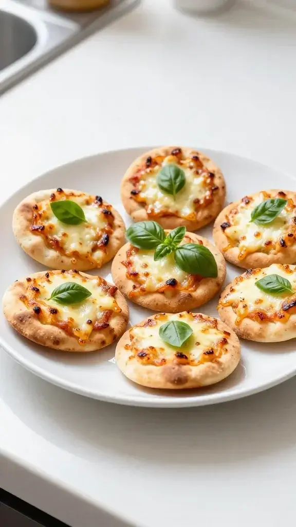 Final plated dish: Mini pita pizzas arranged on a white ceramic plate, golden crusts, bubbling cheese, small basil leaves garnish, bright natural light, clean kitchen counter background