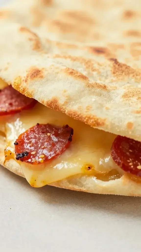 Close-up detail: Golden edges on a pita pocket bite with melted cheese and pepperoni bits, shallow depth of field, speckled surface beneath, crisp texture visible