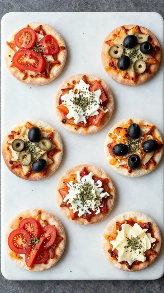 Overhead/top-down shot: Assorted mini pita pizzas on a marble board, colorful toppings (tomato, olive, cheese), scattered oregano, evenly spaced for a modern food blog look