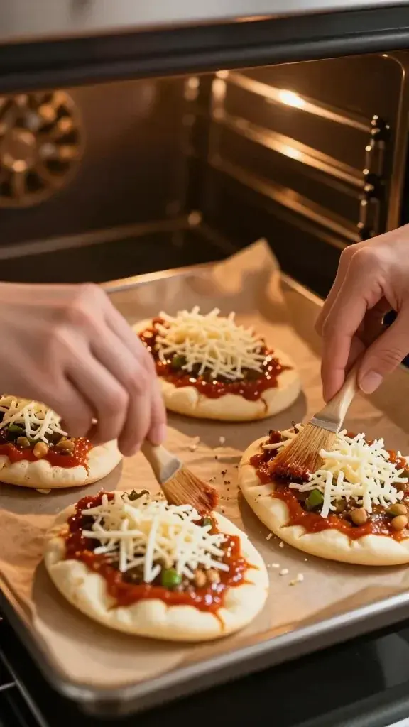 Cooking process shot: Pita halves being brushed with sauce and toppings added, hands lightly arranging cheese, near an oven glow, parchment beneath for warm staging