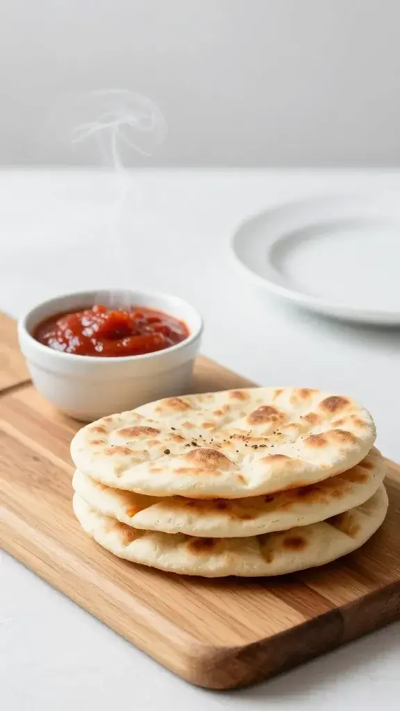 Serving moment: Small stack of pita pizzas on a wooden board with a dip bowl of marinara, steam rising, soft daylight, minimalistic white plate accents