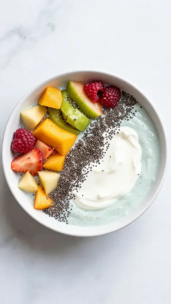 Final plated dish: Beautifully plated smoothie bowl for kids with rainbow fruit toppings, chia seeds, and a dollop of yogurt in a white ceramic bowl on a pale marble surface, bright natural light.