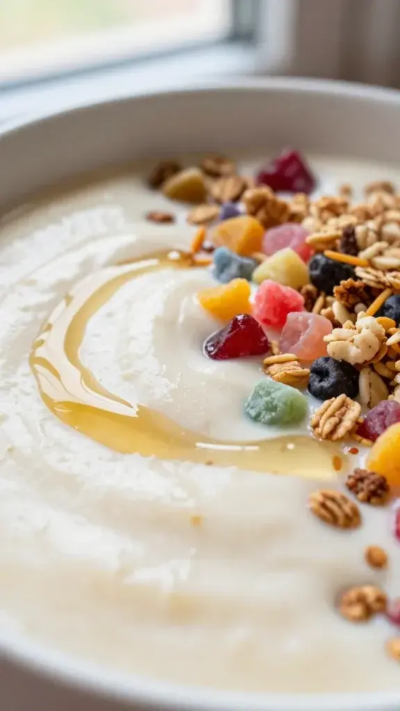 Close-up detail: Close-up of creamy smoothie bowl texture with glossy drizzle of honey, sprinkled colorful fruit gems, and a sprinkle of granola, shallow depth of field, soft window light.