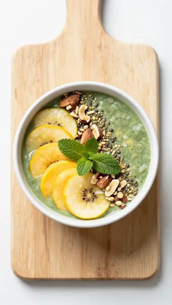 Overhead/top-down shot: Top-view of a vibrant smoothie bowl arranged in a flat lay: layers of fruit slices, nuts, seeds, and a mint leaf, on a clean wooden board with subtle shadows.