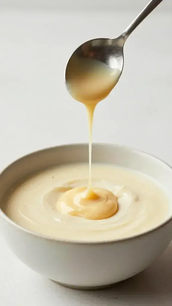 Cooking process / finishing shot: Spoon drizzling almond butter over the smoothie bowl, capturing the slow ribbon of topping sinking into the creamy mixture, natural kitchen light, minimal background.